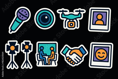 Colorful icon set featuring technology and social interaction elements on black background