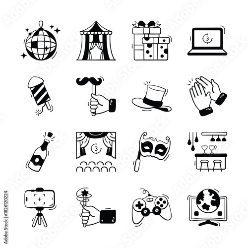 Pack of entertainment icons in modern hand drawn style