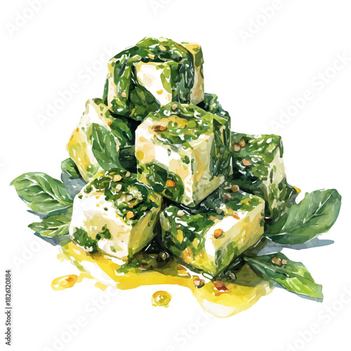 Watercolor painting of Saag Paneer, vector illustration, isolated on white background.