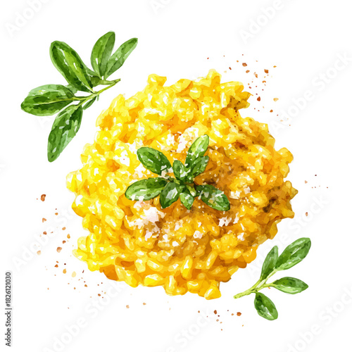 Watercolor-style vector illustration of Risotto Milanese, isolated on a clean white background.