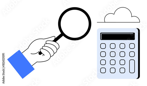 Hand holding magnifying glass near calculator and cloud, symbolizing data analysis, accounting, cloud computing, research, financial investigation, education, business innovation. Clean flat metaphor