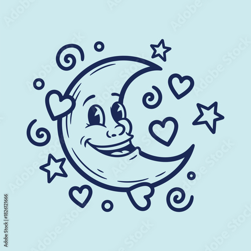Cute Smiling Crescent Moon with Hearts and Stars, Dreamy Design on Light Blue Background