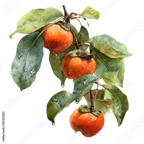 Photos Persimmon Tree, watercolor illustration, vector style, isolated on a white background