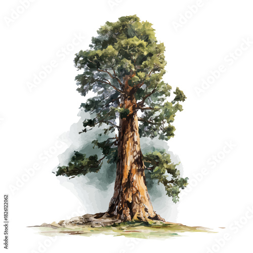 Watercolor illustration of Sequoia Tree, vector artwork, isolated on white background.