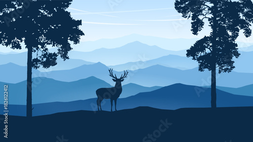 Mountain panoramic landscape and tall pine trees. Silhouette of a red deer on the background of mountain ranges. Realistic vector illustration.