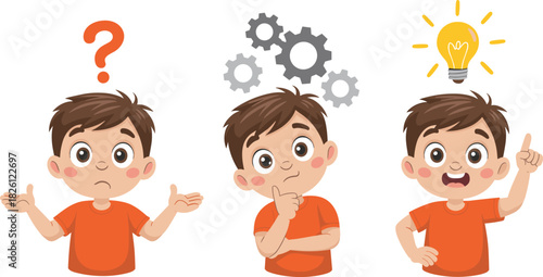 “Cute cartoon boy expressing confusion thinking and bright idea with question mark gears and light bulb in isolated educational illustration set”