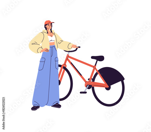 Happy teen girl is cycling, Young woman in cap stands and holds rental bicycle. Bicyclist rents and rides a bike. Cyclist with her transport. Flat isolated vector illustration on white background