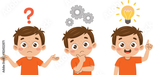 “Cute cartoon boy expressing confusion thinking and bright idea with question mark gears and light bulb in isolated educational illustration set”