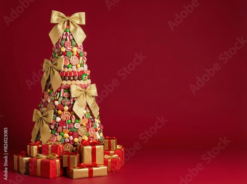 Christmas tree made of candy with gifts