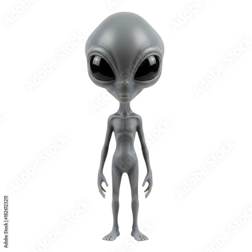 Whimsical grey alien figure with large black eyes and slender body on black background