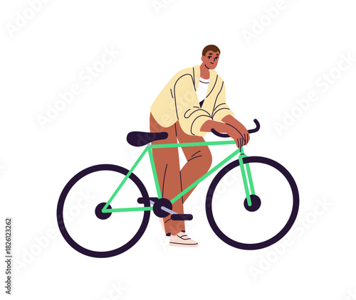 Young African American man stands near bicycle. Happy black boy leans on bike. Cyclist rides a urban eco transport. Bicyclist is cycling. Flat isolated vector illustration on white background
