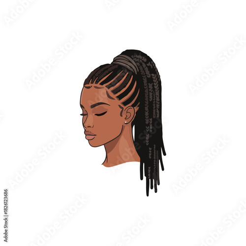 Illustration of a serene woman with dark skin, eyes closed, and braided hair tied in a high ponytail.