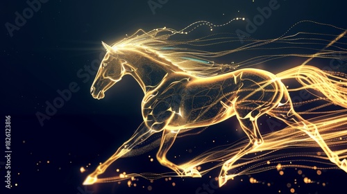 Glowing golden horse in neon light, dynamic motion and sparkling particles on dark background.