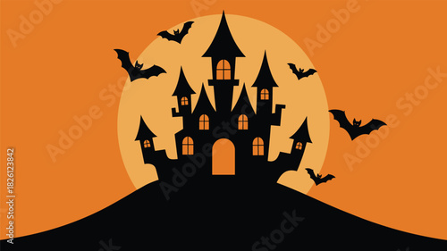 “Halloween haunted castle silhouette with flying bats, spooky night scene, orange moon backdrop, eerie fantasy illustration perfect for seasonal designs”