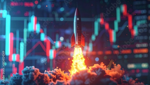 Fototapeta Naklejka Na Ścianę i Meble -  Illustration of an astronaut as a cartoon spaceship launching a rocket to a space station in the sky