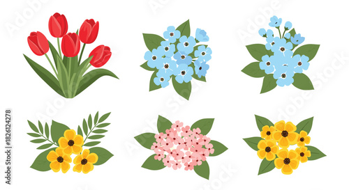 A charming collection of diverse floral bouquets featuring red tulips, blue forget-me-nots, yellow daisies, and pink hydrangeas, ideal for spring and summer decorative design elements.