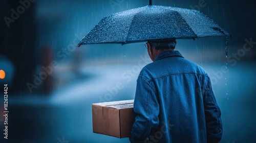 A man braves the rainy weather to deliver a package under an umbrella.