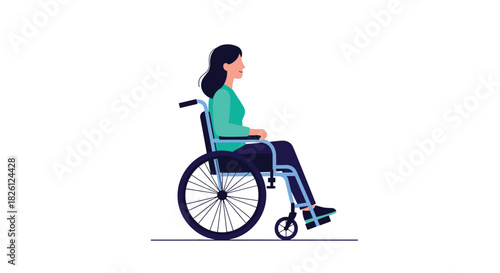 A cheerful woman with a pleasant expression is depicted sitting in a wheelchair, illustrating concepts of mobility, inclusion, and positive disability representation.