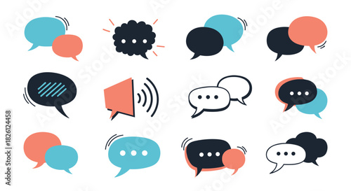 A colorful collection of stylized hand-drawn speech bubbles and a megaphone icon, ideal for representing digital communication, interactive dialogue, social media, and announcements.
