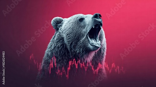 Bear market concept with a roaring bear and a declining stock chart.