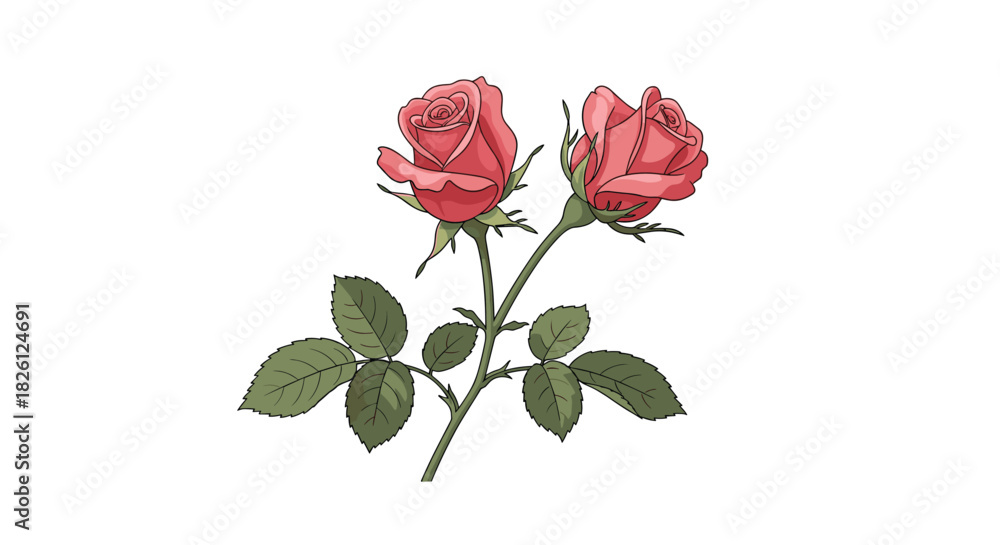 Obraz premium A charming illustration of two delicate pink rosebuds with vibrant green leaves on a single stem, set against a pristine white background, evoking feelings of love and beauty.