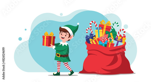 A happy Christmas elf in a green uniform and striped socks holds a wrapped gift box, standing next to a large red sack brimming with colorful holiday presents and candy canes.