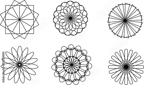 A collection of abstract geometric line patterns created with circular symmetry and repeated shapes. Ideal for backgrounds, decorative elements, mandala design, technical illustrations, line art proje