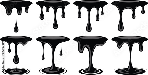Black dripping liquid silhouette vector set with flowing drops, melting shapes, glossy drip elements for horror, slime, paint design