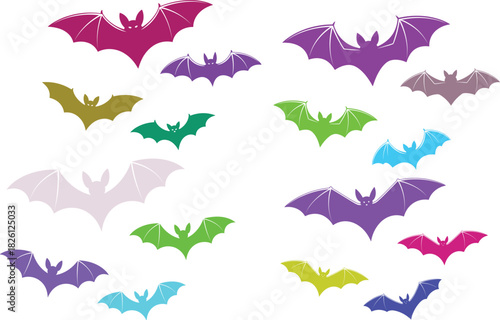 Black flying bat silhouette collection for Halloween decoration, spooky night theme artwork, scary dark bat icons isolated on white background