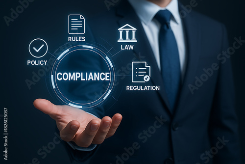 Corporate businessman showing compliance guideline concept including regulations policies and ethical business governance responsibilities