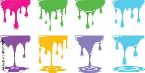 Black dripping liquid silhouette vector set with flowing drops, melting shapes, glossy drip elements for horror, slime, paint design