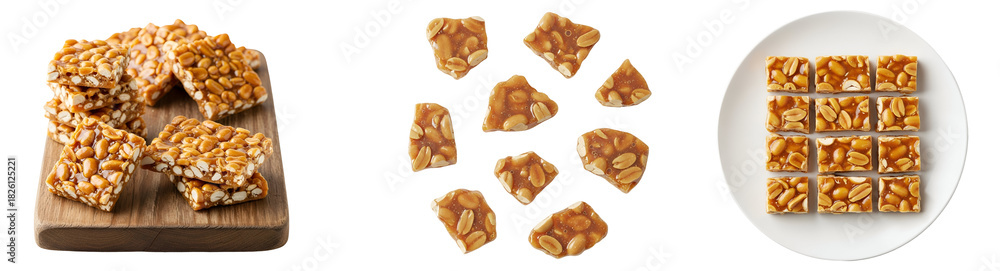 custom made wallpaper toronto digitalThree arrangements of peanut brittle squares, some on a board and some on a white plate, isolated on transparent background