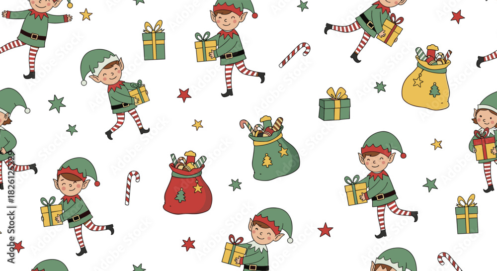 Naklejka premium A cheerful and festive seamless pattern featuring adorable Christmas elves, wrapped presents, candy canes, and sparkling stars on a clean white background, perfect for holiday designs.