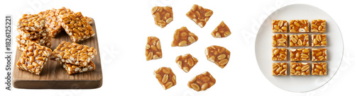 Wallpaper Mural Three arrangements of peanut brittle squares, some on a board and some on a white plate, isolated on transparent background Torontodigital.ca
