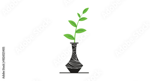 A minimalist graphic illustration depicting a stylized plant with vibrant green leaves emerging from a black decorative vase adorned with intricate wavy white patterns, set on a simple base.