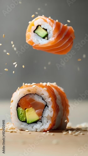 sushi roll with sesame seeds and tiny rice grains on a blurred background