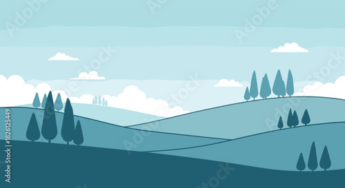 A tranquil minimalist landscape illustration showcasing serene rolling hills, tall slender trees, and soft white clouds under a clear blue sky in various shades of cool blue.