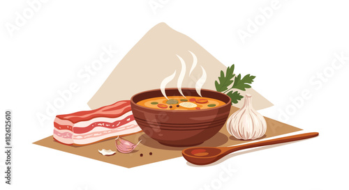 A cozy culinary setup featuring a steaming bowl of soup, a rustic block of bacon, garlic, fresh herbs, and a wooden spoon, perfect for a comforting meal.