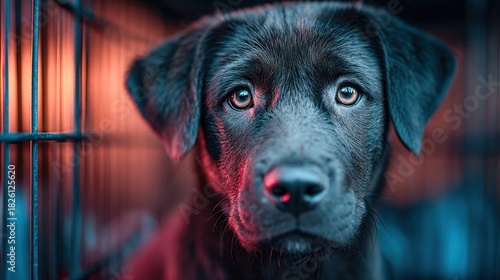 Close-up of a black Labrador puppy with captivating eyes in a cage.