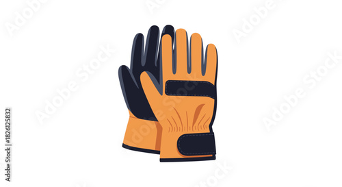 A pair of durable work gloves, featuring an orange main material with dark blue accents and adjustable wrist straps, providing essential hand protection for various manual tasks.