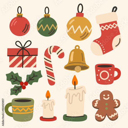 Christmas Elements in Cute Flat Style for Holiday Design