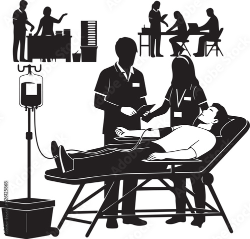 Medical professionals assisting patient during blood donation process in silhouette