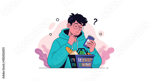 Young man in a grocery store, holding a product and looking at its label with a thoughtful or uncertain expression, contemplating his purchase with a shopping basket full of items.