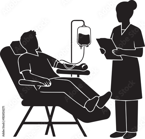 Nurse attends patient donating blood in a medical chair with iv drip bag