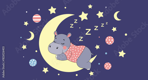 A sweet little hippo sleeps soundly on a crescent moon surrounded by colorful planets and twinkling stars.