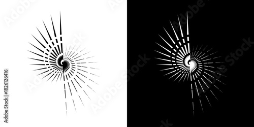 Dynamic abstract spiral sound wave rhythm lines. Circular spiral sound wave rhythm of lines. Circular futuristic abstract lines, black and white background.	