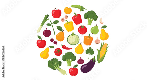 A vibrant circular arrangement of fresh fruits and vegetables showcasing healthy eating options for a balanced diet.