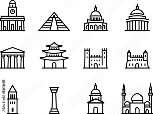 Outline Architecture Types Icon Set Historical Cultural Buildings