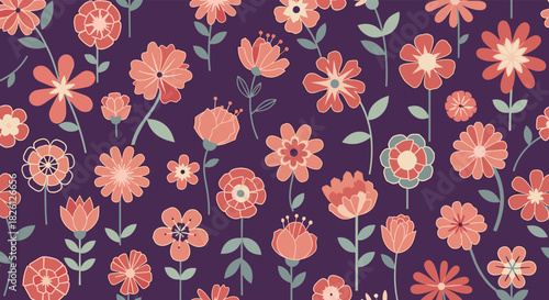 A delightful pattern of various blooming flowers in shades of coral and blush arranged on a deep purple background.