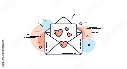 Open envelope with a love letter inside surrounded by abstract shapes and lines.